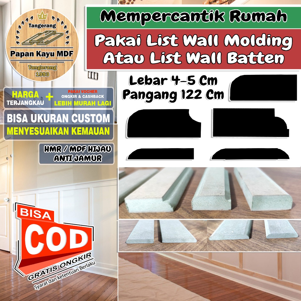 HMR Hijau 15MM Wall Moulding Dinding Lebar 4 - 5 Cm List Profile Wood DIY Board WallBatten Aesthetic