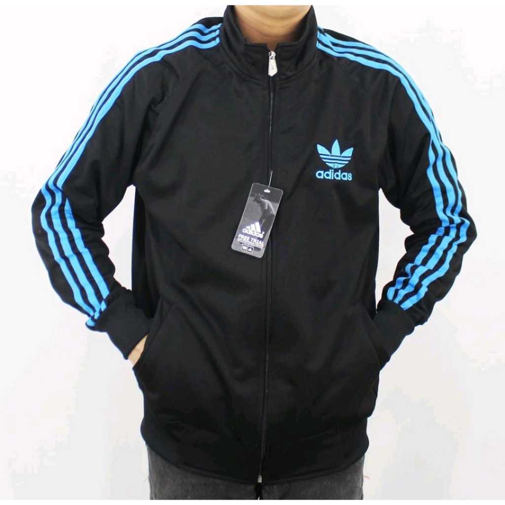 BISA COD | Jaket Adidas Tractop | Firebire Hitam List Biru Unisex Pria Wanita
