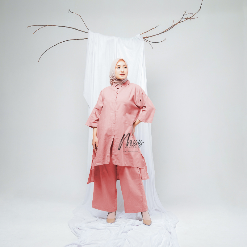 Titan One Set Jumbo Polos -Setelan Baju Kameja + Celana Kulot Set Wanita  bahan Katun Rami