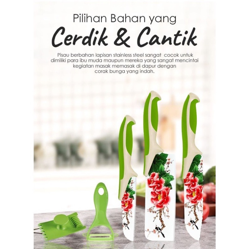 KNIFE SET 5PCS - PISAU DAPUR SET MOTIF BUNGA 5IN1 - PISAU KERAMIK VIRAL SET MOTIF BUNGA SOUVENIR
