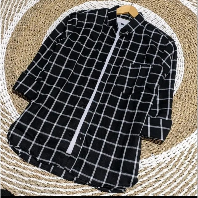 KEMEJA FLANEL PREMIUM HITAM GARIS PUTIH M-L-XL Flanel unisex pria