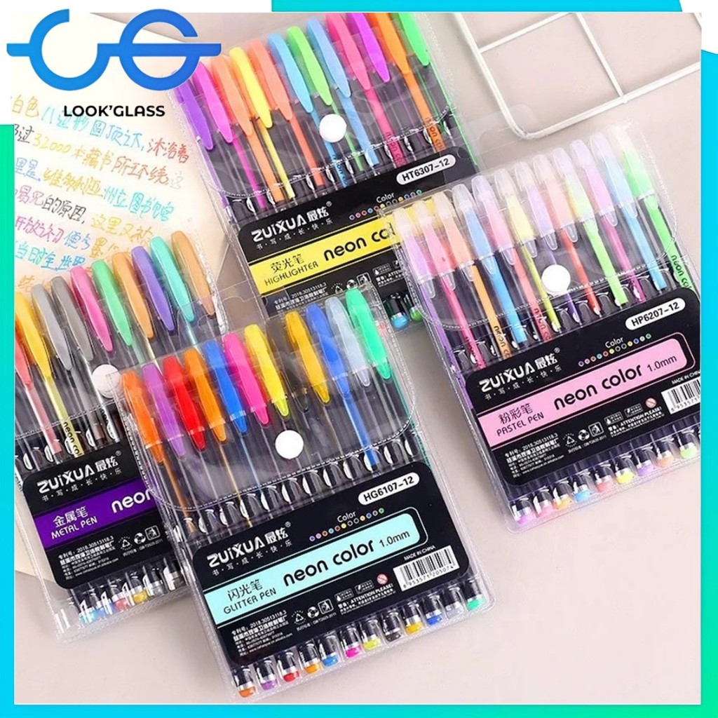 

ABS Pena Glitter Metalik 1.0mm Isi 12pcs Pulpen Warna Warni Tinta Pastel Neon Color Pen Pastel Ballpoint Craftwork Scrapbook Gel Ink Highlighter Penanda Buku Warna Warni Ujung Lembut