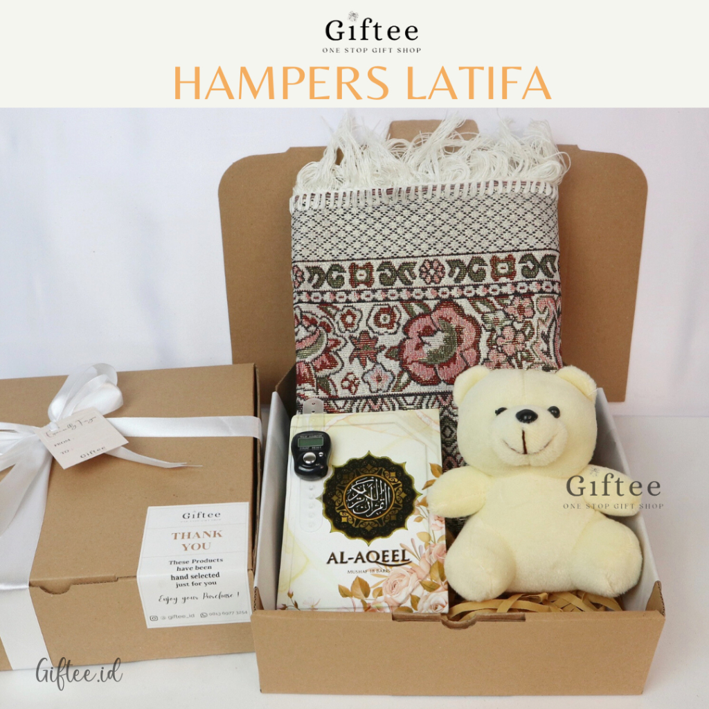 HAMPERS CEWEK HIJAB LATIFA KADO HADIAH GIFT SET ULANG TAHUN WISUDA ALQURAN SAJADAH BONEKA TASBIH