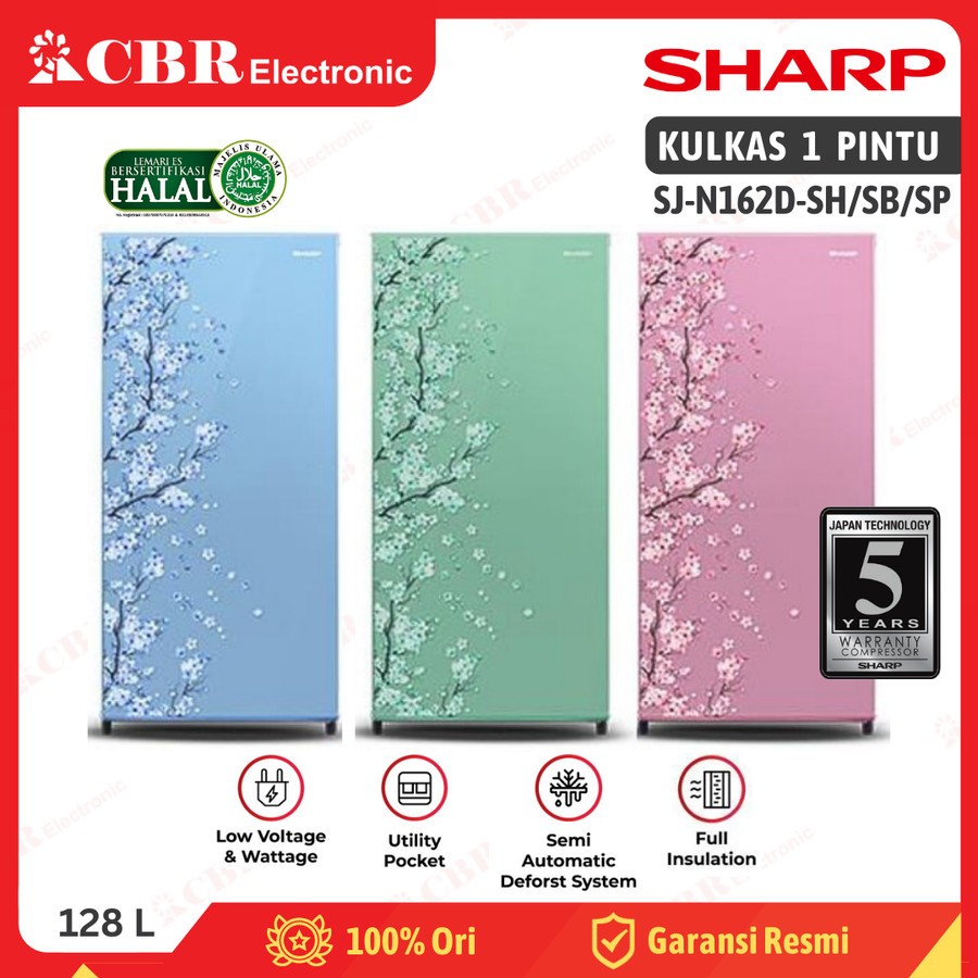 Kulkas SHARP 1 Pintu SJ-N162D-SH / SJ-N162D-SB / SJ-N162D-SP (Sakura) 128 L