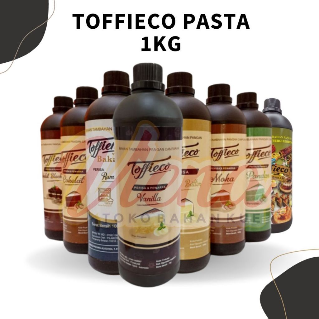 

Toffieco Perisa / Pasta / Pewarna Cair 1Kg Coklat Blackforest / Coklat / Moka / Pandan / Rum Bakar / Vanila / Vanila Butter / Zero Bakar