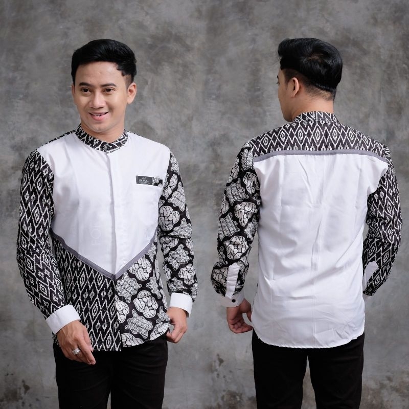 Baju Koko pria lengan panjang/ baju Koko kombinasi batik terbaru/ baju Koko lengan panjang motif M L