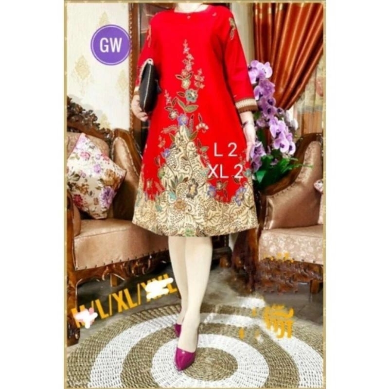 DRESS BATIK IMLEK MERAH CERAH DRESS BATIK CANTIK DAN ELEGAN DRESS BATIK LENGAN 3/4 DRESS BATIK JUMBO