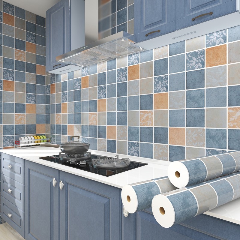 wallpaper dapur anti minyak dan panas stiker dinding 6 meter X 60 cm motif kotak2 biru orange