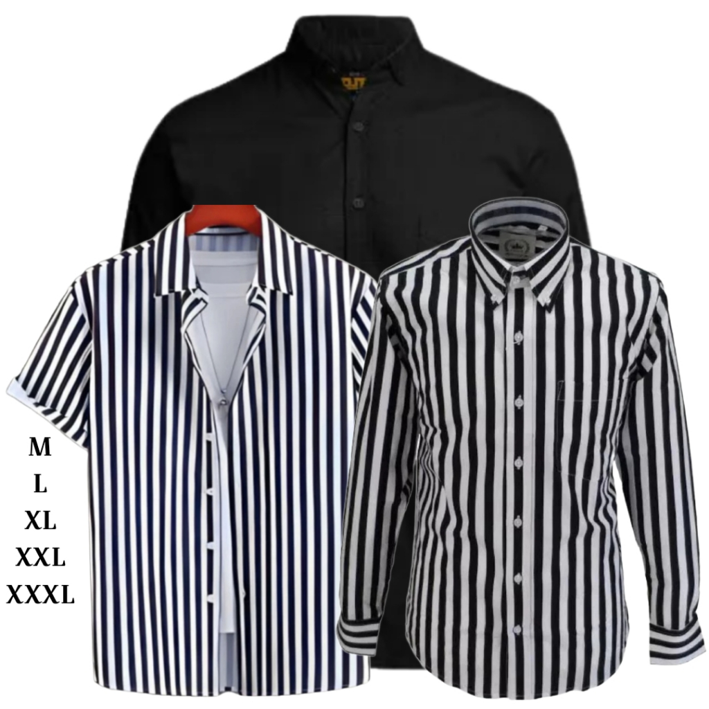 KEMEJA SALUR PRIA STRIP GARIS-GARIS LENGAN PENDEK / KEMEJA SALUR HITAM PUTIH - KEMEJA GANJAR PRANOWO