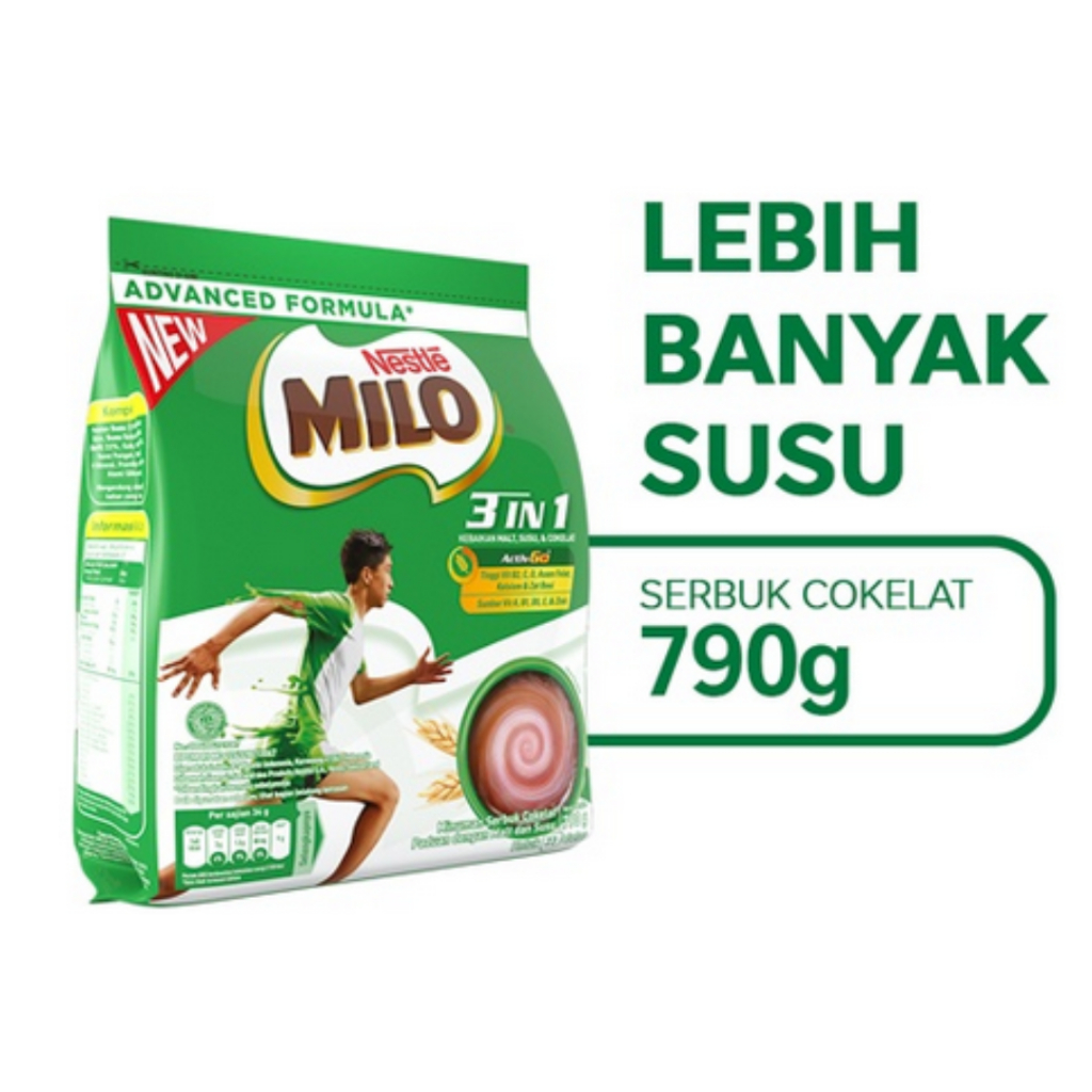 

MILO 3 IN 1 LEBIH BANYAK SUSU 790 G MINUMAN MILO ACTIV-GO RASA CHOCOLATE