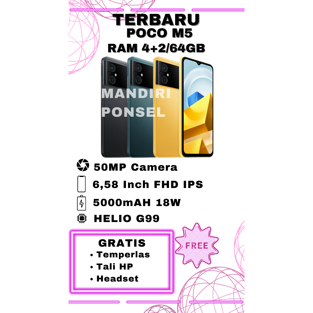 POCO M5 RAM 6 GB (4+2 EXTEND/64GB) GARANSI RESMI GRATIS HEADSET, TEMPERGLAS dan TALI HP