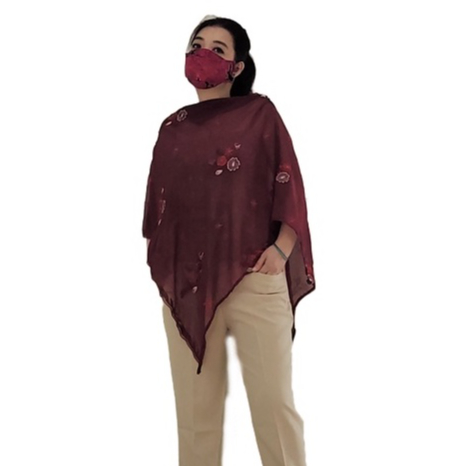 Blus Tunik Polos Atasan Loose Big Size Asimetris Ponco Vertikal sifon Border Maron Gesyal