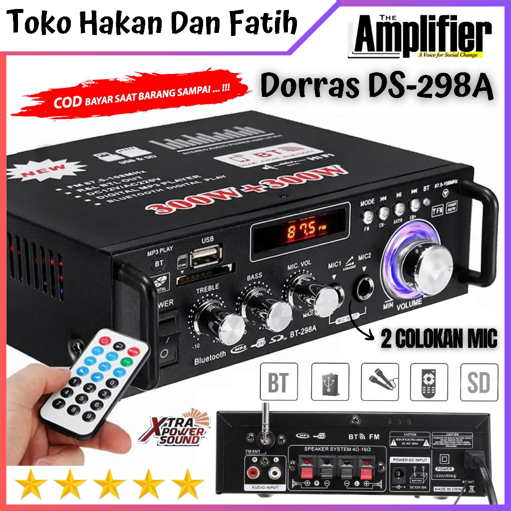 Amplifier Mini Bluetooth Dorras DS-298A Bass Trable Streo Karaoke Audio Power 600 Watt Amplifier 2 i