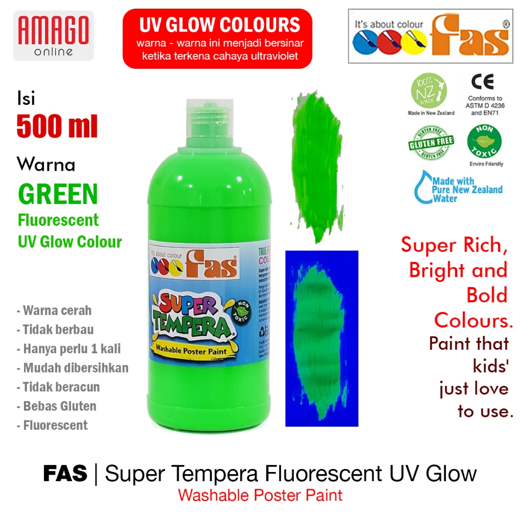 

Cat Poster Lukis UV FAS Super Tempera Fluorescent UV Glow Paint Washable - 500 ml - Green