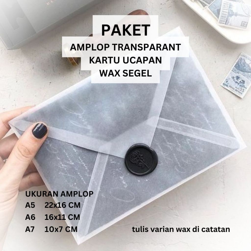 

PAKET amplop + isi kartu ucapan + seal wax - packing kado wedding anniversary pacar dus kardus vellum baronial transparant