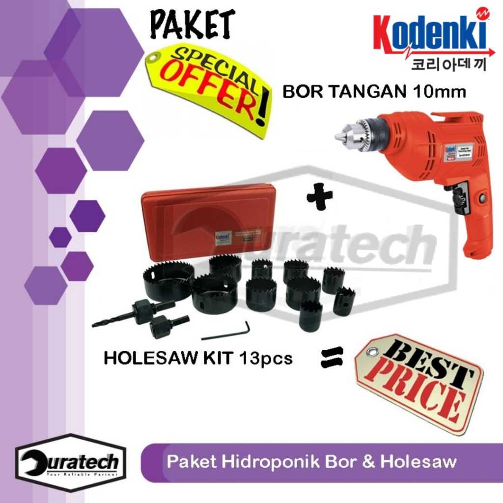 Paket hidroponik mesin bor 10mm kodenki KDK-ED102 dan hole saw set kit 13 pcs kodenki KDK-HK201 Mesi