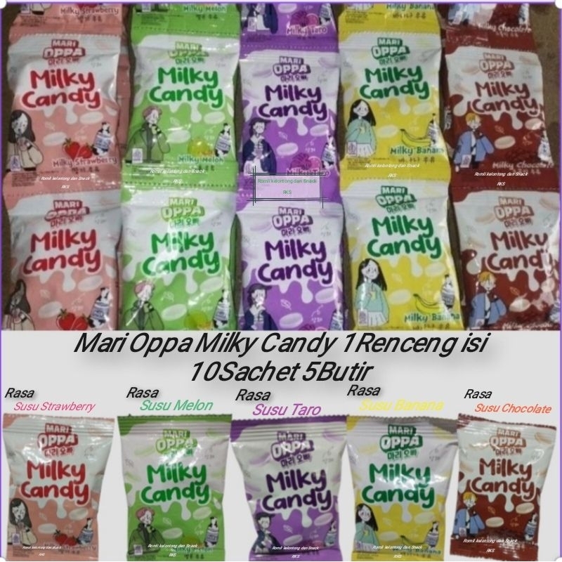 

Mari Oppa Milky Candy Permen Susu Rasa Buah 1 Renceng isi 10 Sachet (5 Butir) Semua Rasa