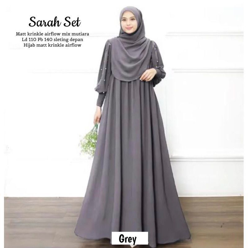 Sarah Set Syar'i Hijab Pashmina Crinkle Airflow - Dress Lengan Balon Payet Gamis Lengan Smoke SYARI 