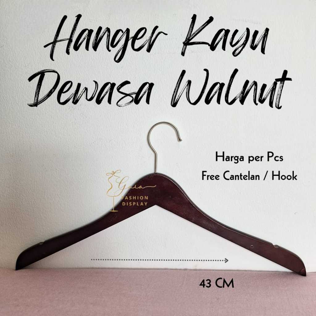 Hanger Kayu Dewasa Coklat Wallnut / Hanger Wood Tanpa Palang/Gantungan Baju Kayu(BH)