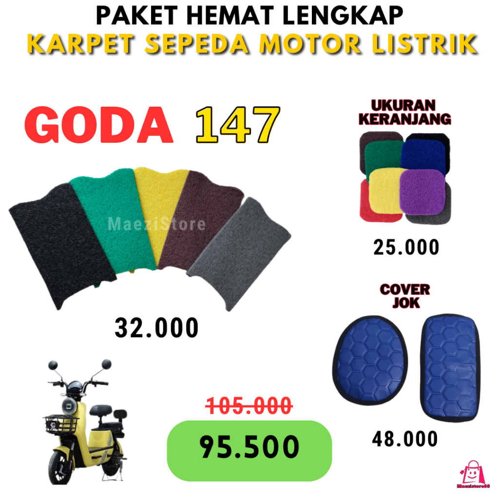 Paket Hemat Lengkap KARPET ALAS KAKI + ALAS KERANJANG + COVER JOK Sepeda Listrik GODA 147 Golden Tig