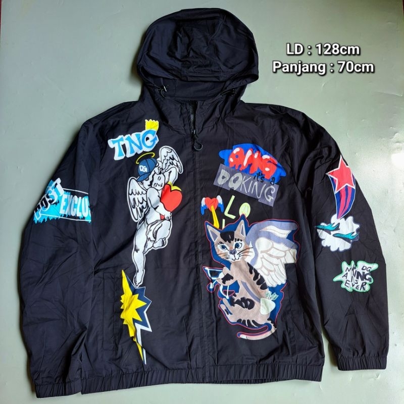 preloved jaket zipper hoodie hitam parasut grafiti