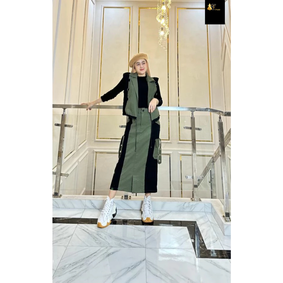 Terlaris SETELAN ROK COMBINASI ROMPI TWILL STRET ELLA TRENDY.