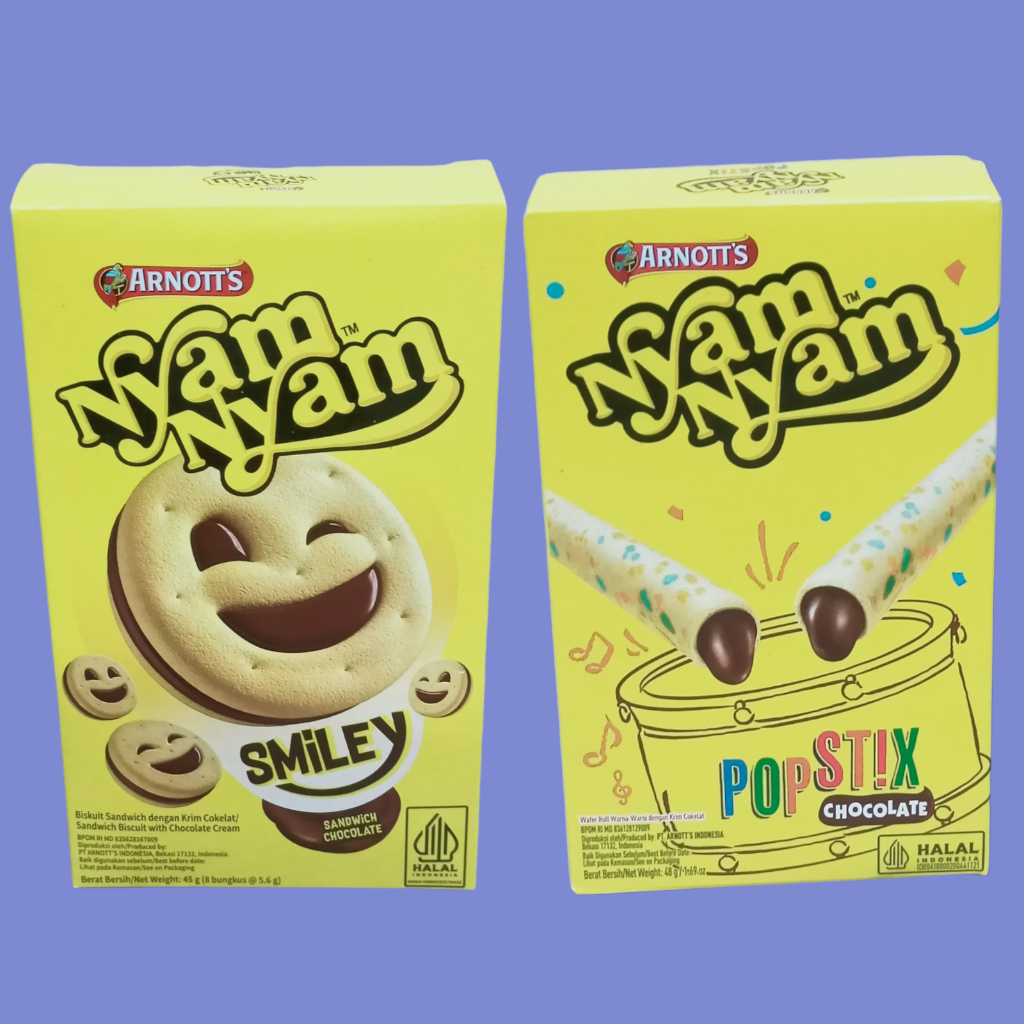 

Nyam Nyam Smiley & Pop Stick Biscuit Wafer Roll Coklat 45gr