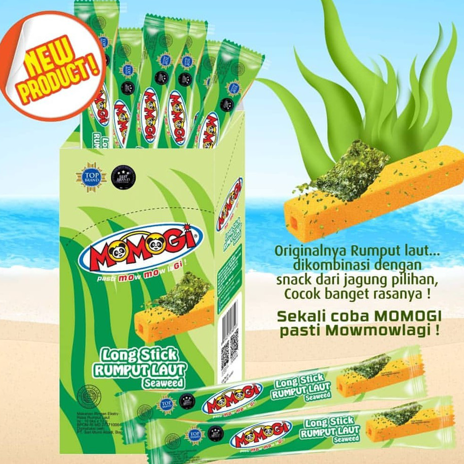 

Terlaris BOX Momogi Seaweed Long Stick Snack Ekstrudat Rasa Rumput Laut Pasti Mau Mau Lagi - 10pcs x 12gr