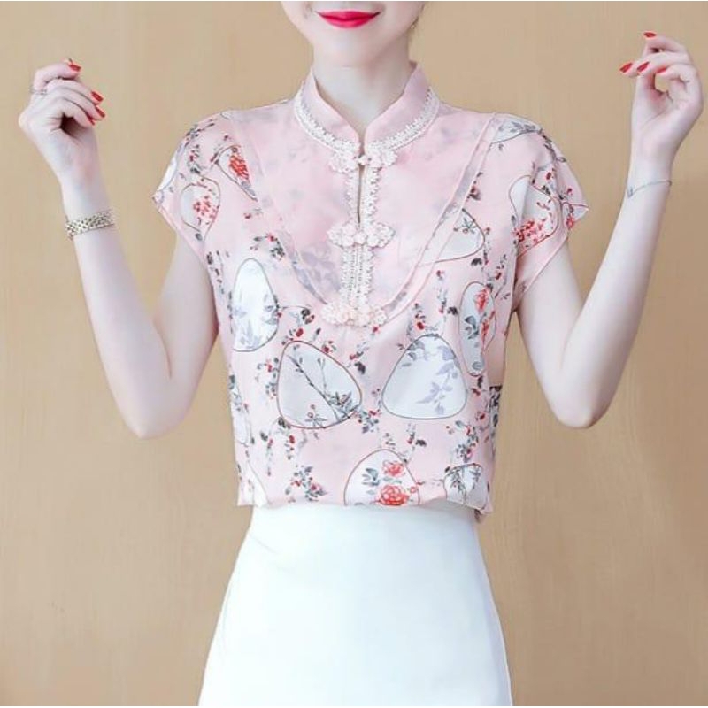 0181 Baju atasan blouse CNY WINNIE CHEONGSAM TOP lengan pendek pink Korea Korean style wanita premiu