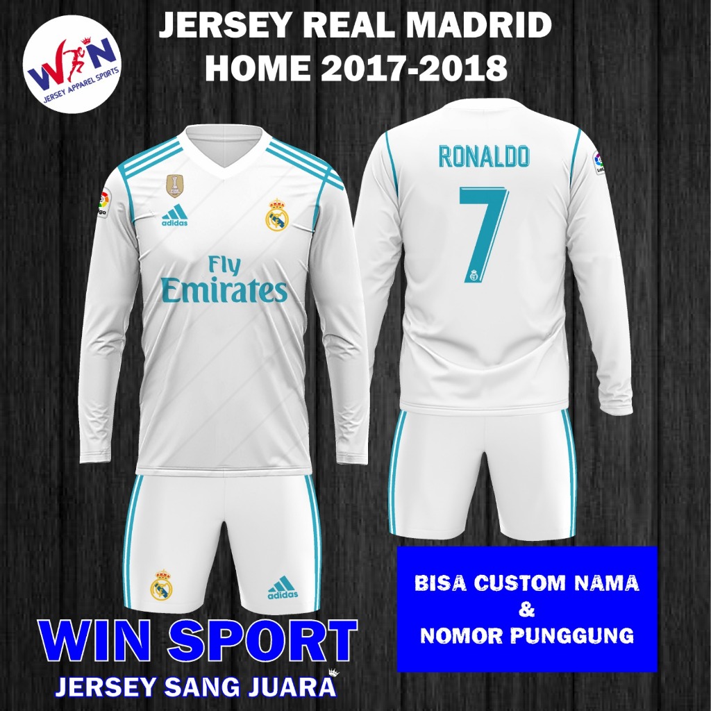 Stelan Sepak Bola Jersey REAL MADRID HOME 2017-2018 Lengan Panjang Ronaldo Liga Champions UEFA, Jersey Bola Desain Full Printing, Free Custom Nama dan Nomor Punggung, Tersedia Ukuran Dewasa dan Anak