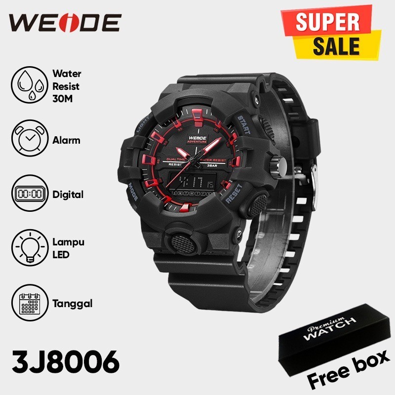 Weide 3J8006 Jam Tangan Pria Sport Analog Quartz - Digital Silikon PU 48 mm - Anti Air 30 M Renang -
