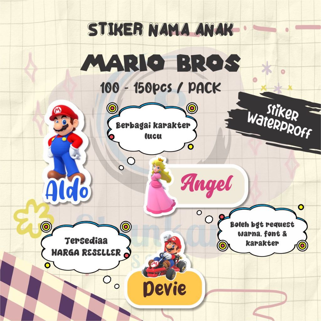 

( 100-150pcs) Stiker Nama TEMA MARIO BROS / Stiker Custom / Stiker Langsung Tempel / Stiker Efek Hologram