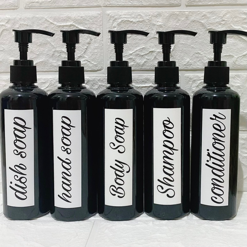 botol 250ml hitam stiker putih  aesthetic bottle minimalist refill organizer tempat shampoo bathroom