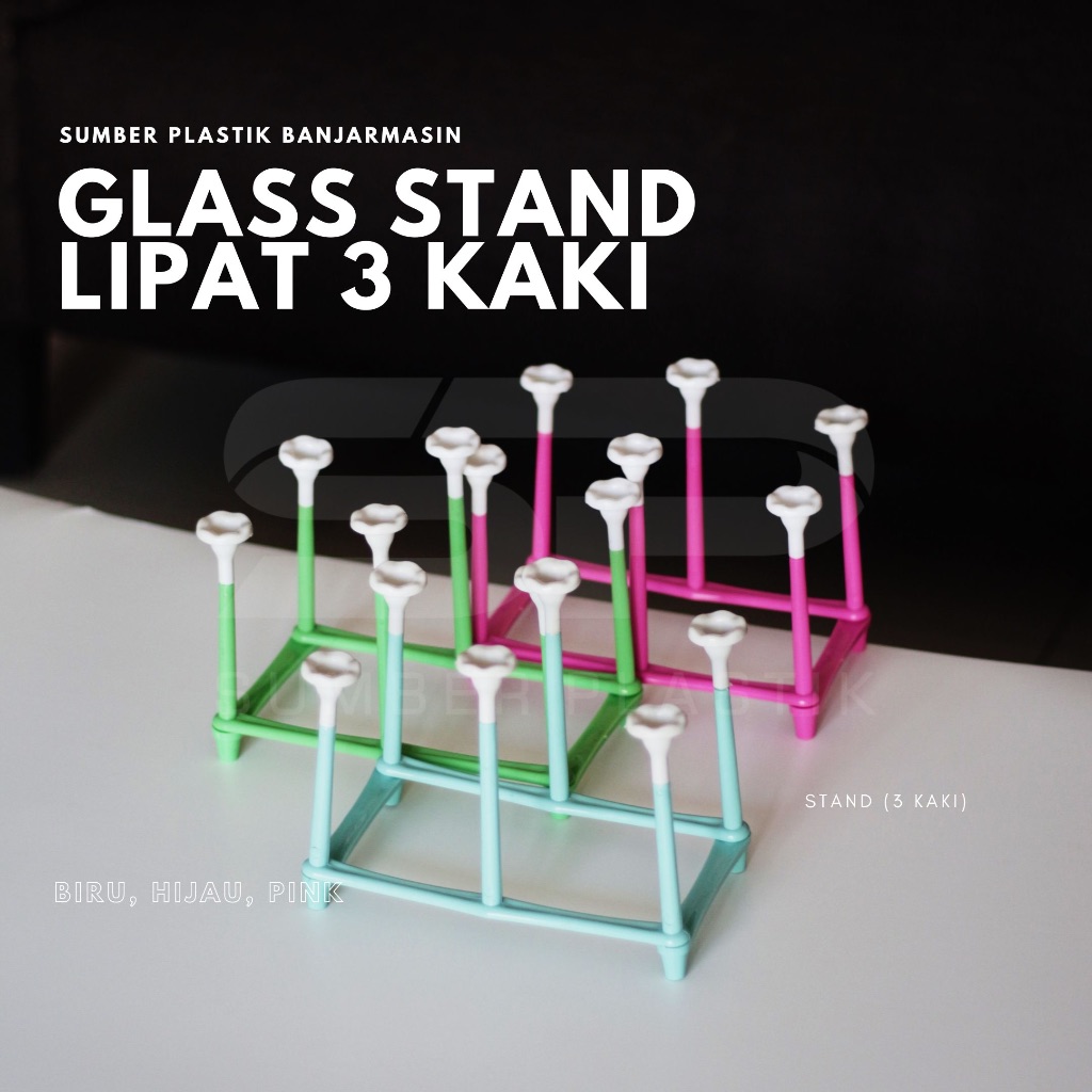 Stand Glass 3 Kaki Lipat Rak Gantungan Gelas Mug Plastik Warna (Satuan)