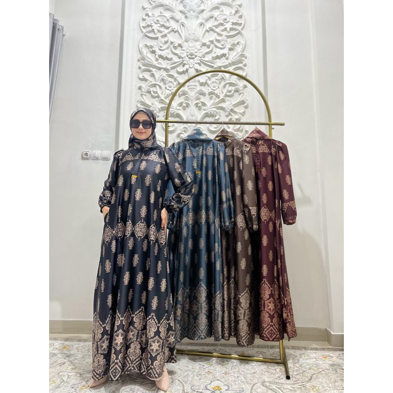 Gamis Armany brown digital motif KACANG BESAR MAYUNG set hijab