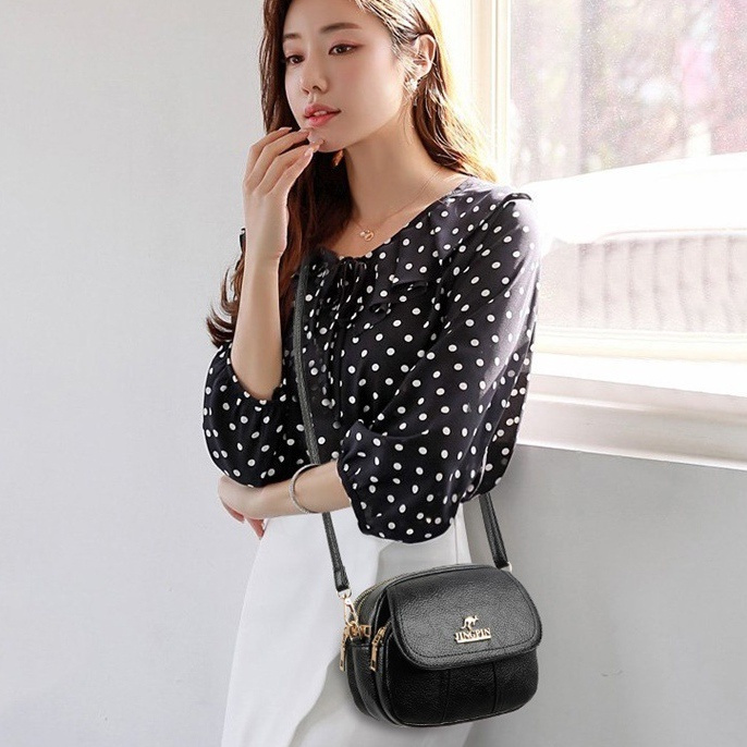 SPDM-238 TAS SELEMPANG WANITA 3 RESLETING JINGPIN KULIT HITAM PREMIUM KOREA SLING BAG KECIL KEKINIAN