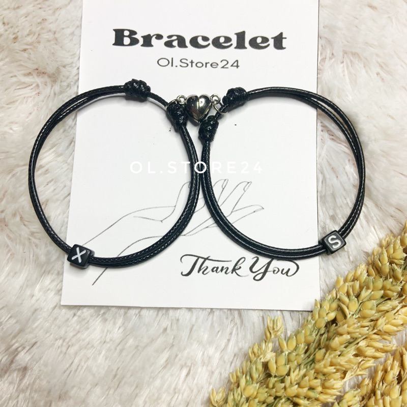 GELANG SEPASANG INISIAL MAGNET LOVE / GELANG TALI HITAM INISIAL NAMA