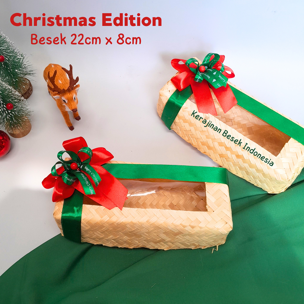 

BOX ROTI GULUNG NATAL Besek 22cm x 8cm dengan hiasan pita natal spesial Besek snack Besek hampers natal