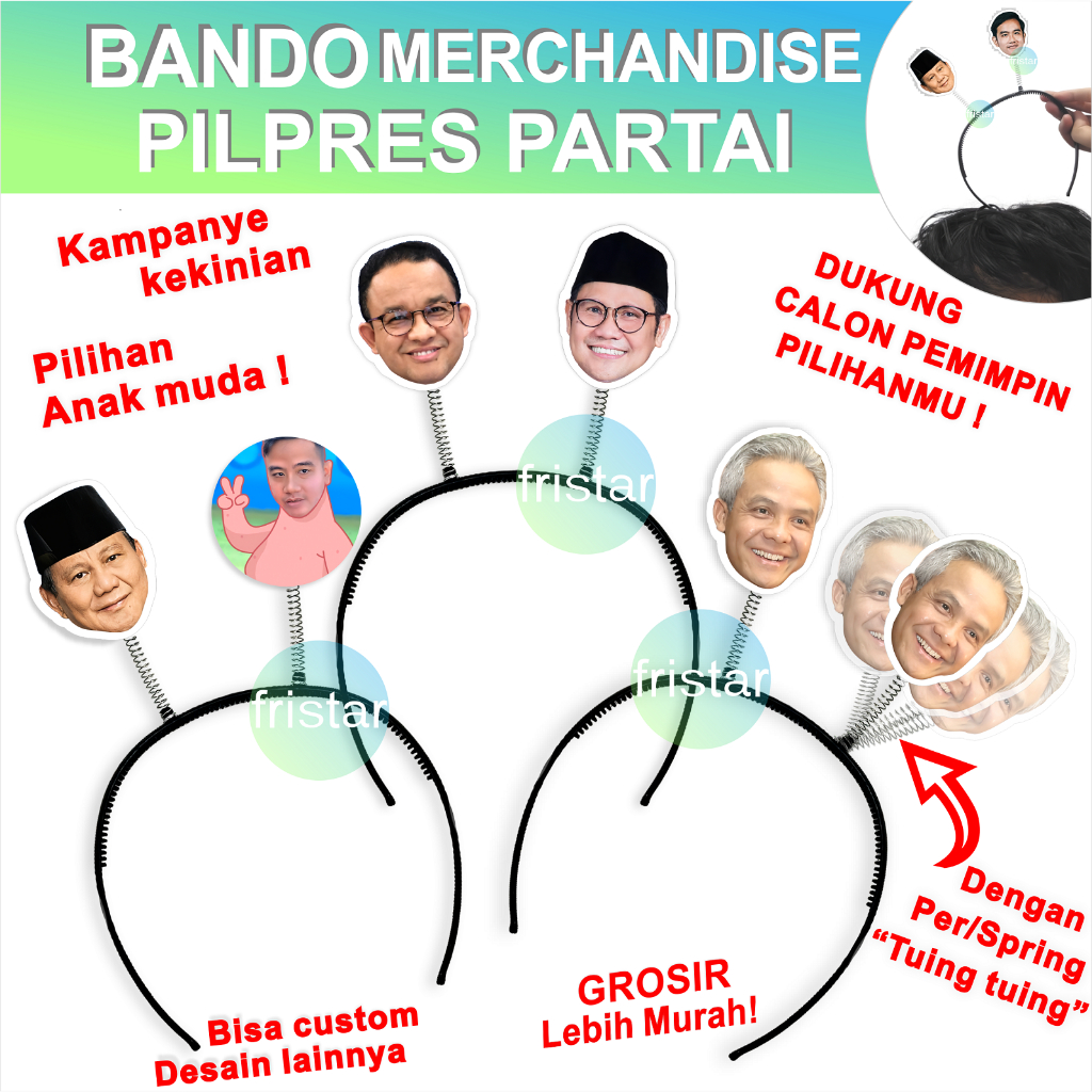Bando tuing logo partai custom atribut souvenir kampanye pilpres caleg kaos baju kalender mug spandu
