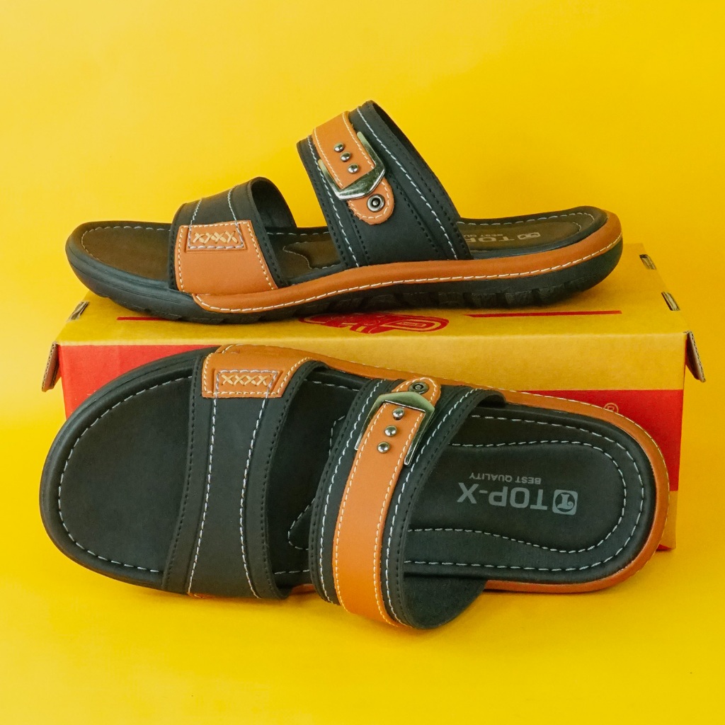 Sandal Distro Cowok Bahan Kulit Premium Sandal Cowok Kekinian Sandal Slide Model Terbaru Terlaris