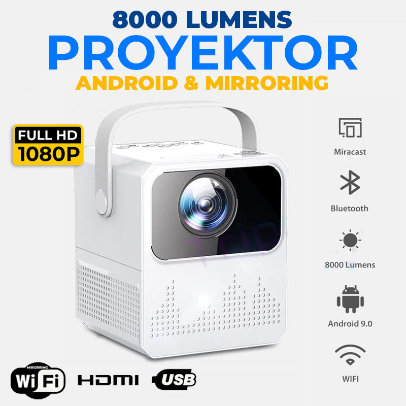 Proyektor projector Android, Bluetooth & Mirroring Miracast - 8000 Lumens FullHD 1080p