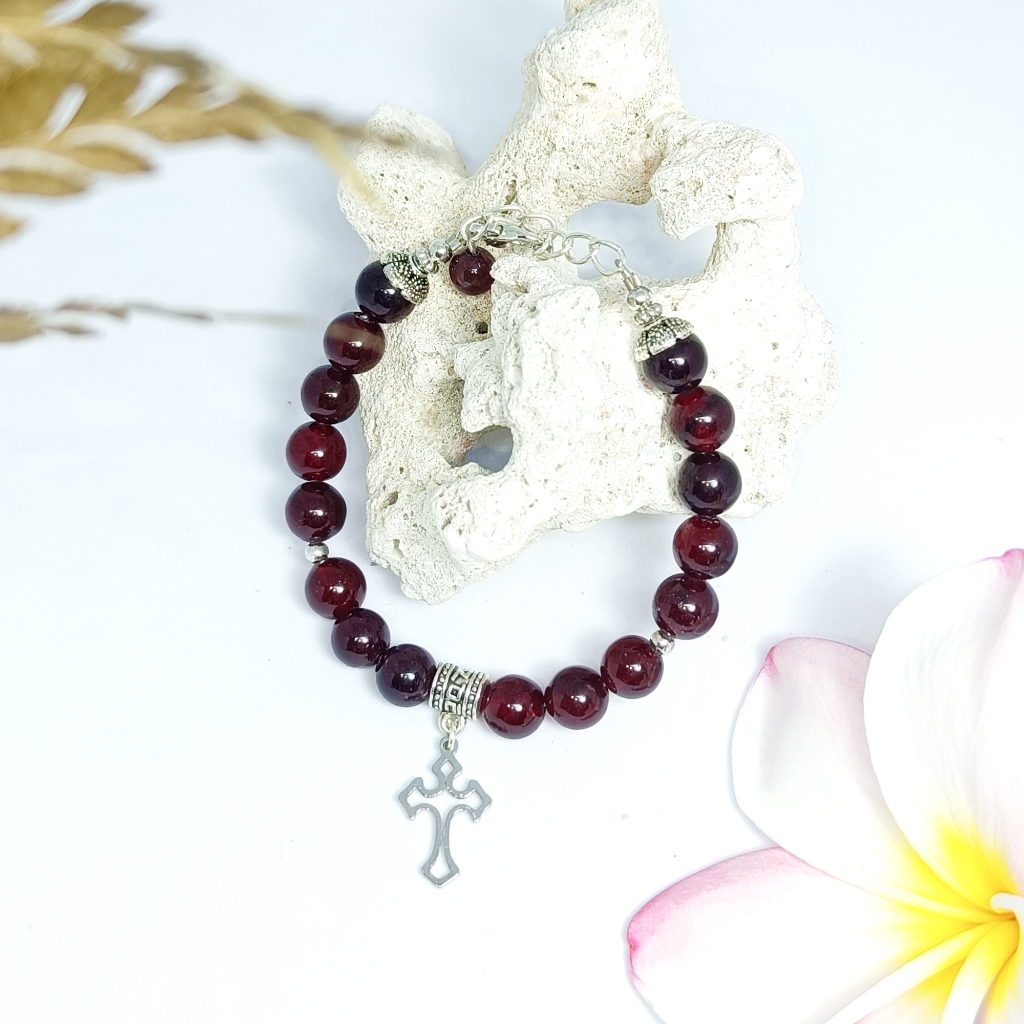 Gelang Bead Batu Red Maroon Jade Giok Wanita Charm Silver | Eufeme