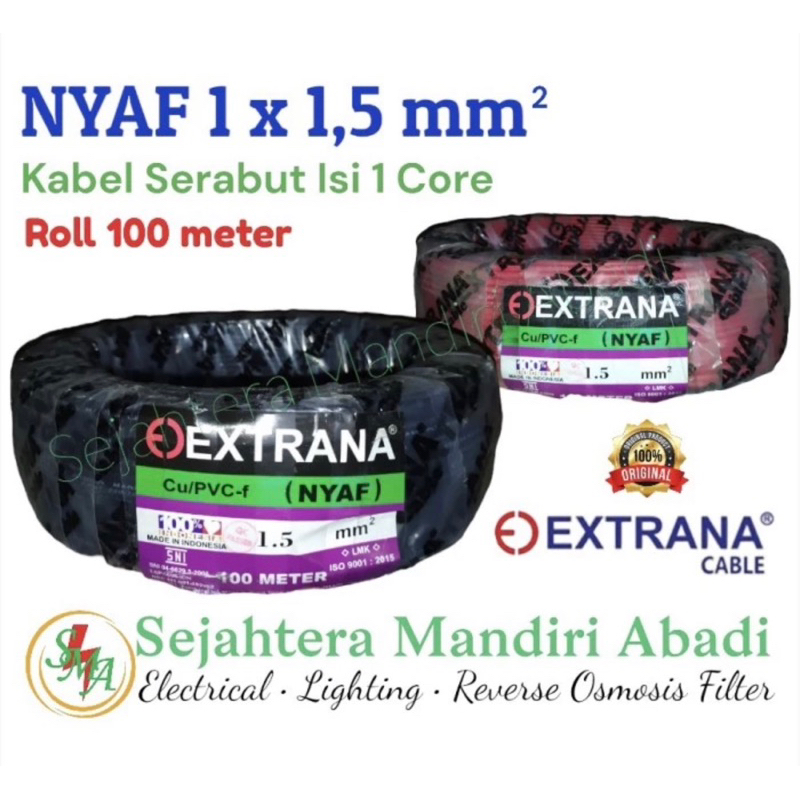 Kabel NYAF 1x1,5 Extrana 100m Kabel Serabut Isi 1 Single Core warna Merah dan Hitam