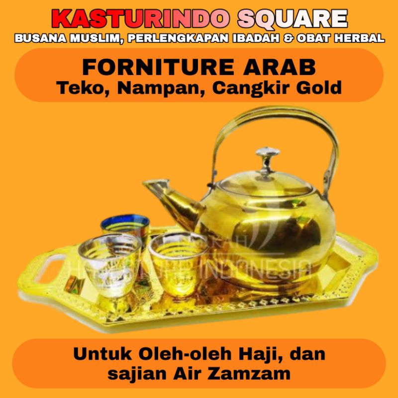 Teko Cangkir Nampan Emas Arab Ceret Gelas Kaca Tatakan Air Zamzam Gold Aladdin