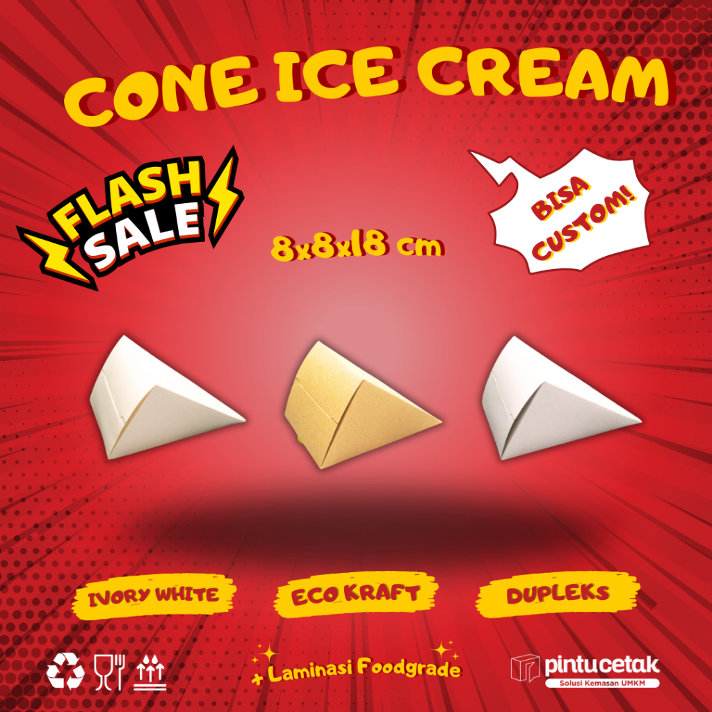 CUSTOM DESIGN CONE ICE CREAM BOX Makanan Paper Kraft, MIN ORDER 1000 PCS, DESIGN FULL COLOR WARNA TE