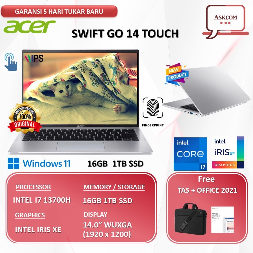 Laptop Acer Swift GO 14 TOUCH I7 13700H 16GB 1TB SSD W11 OHS21 14.0WUXGA FP 71T.77AS