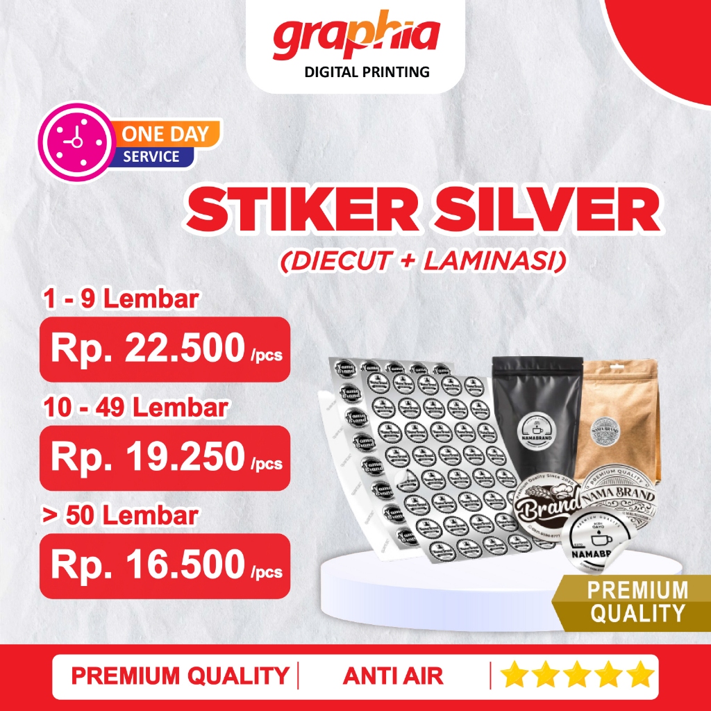 

< PAKET LENGKAP > !! Print Sticker SIlver + Die Cut + Laminasi Glossy / Doff A3+
