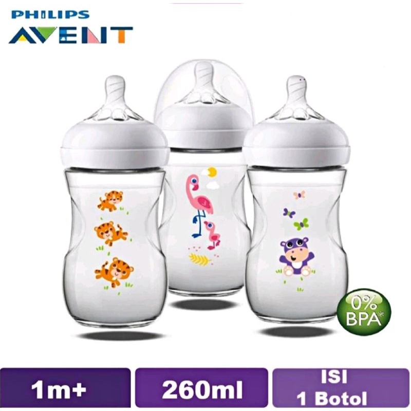 Philips Avent Bottle Single Natural 260ml 9oz / Botol Susu Wide Neck Motif Flamingo Hippo Tiger Gira
