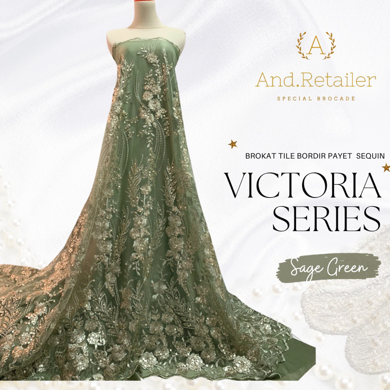 Bahan Kain Kebaya Mewah Tile Brukat Spangle Payet Victoria Warna Sage Green