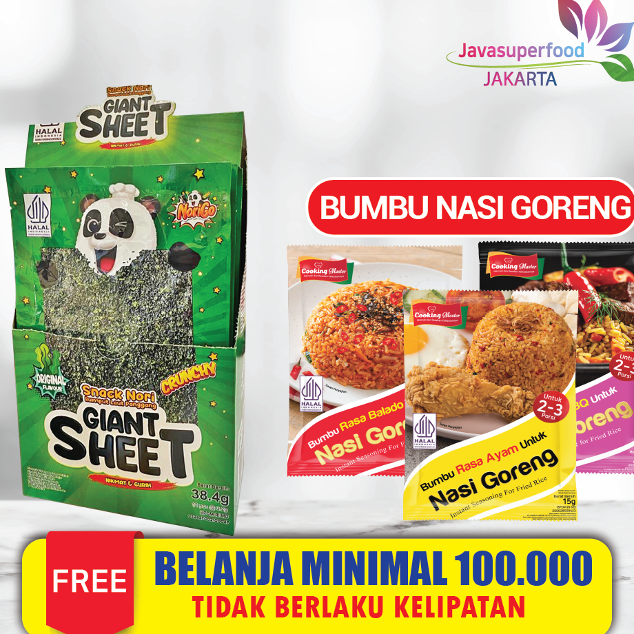 

Terkini Norigo / Snack Nori Giant Sheet 1 Box isi 12 Pcs / Snack Rumput Laut 38.4g